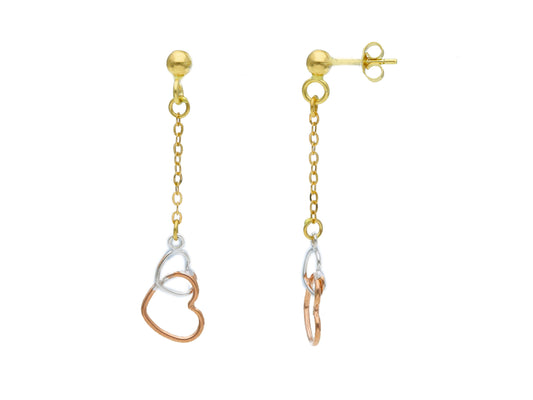 EARRINGS - DROP Three colours gold Hearts